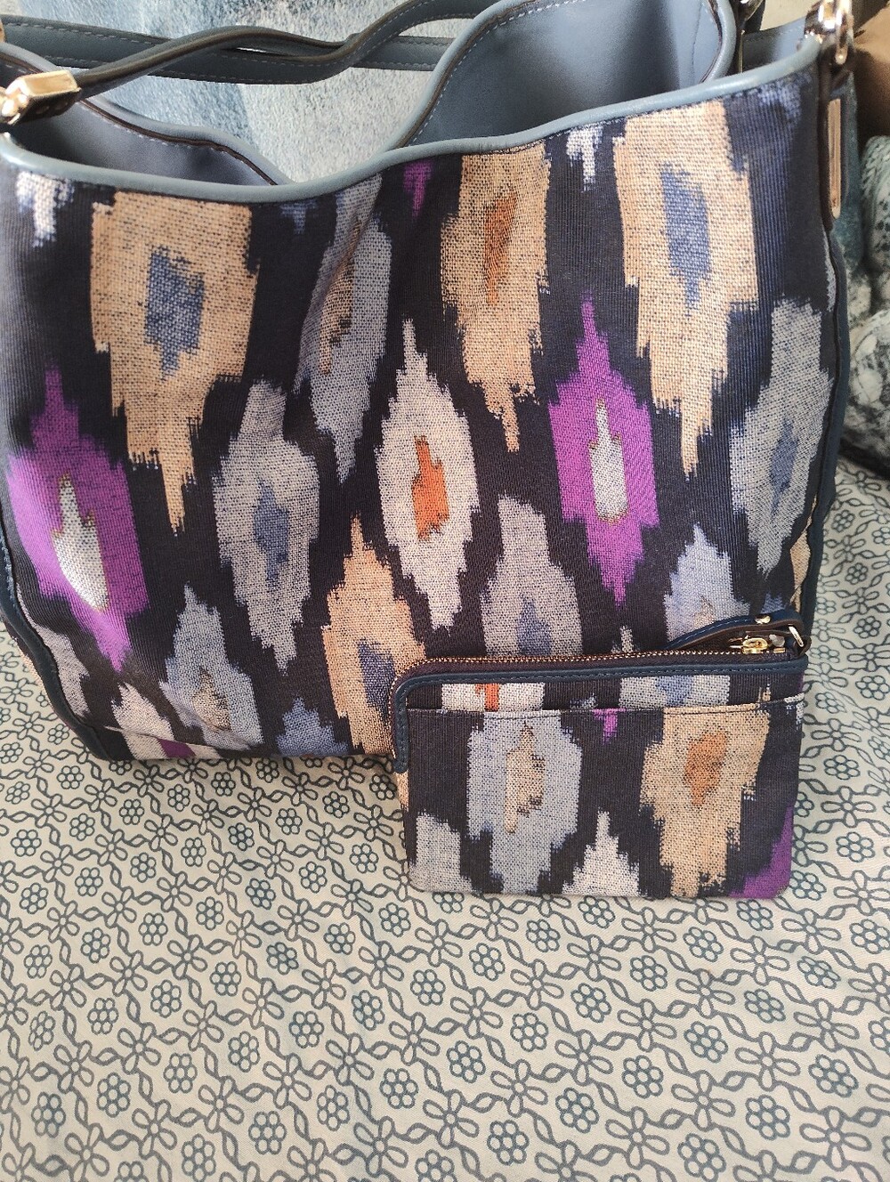 Coach Madison Ikat Print Canvas Hobo Bag with Wristlet - Purple/Black - Picture 11 of 12
